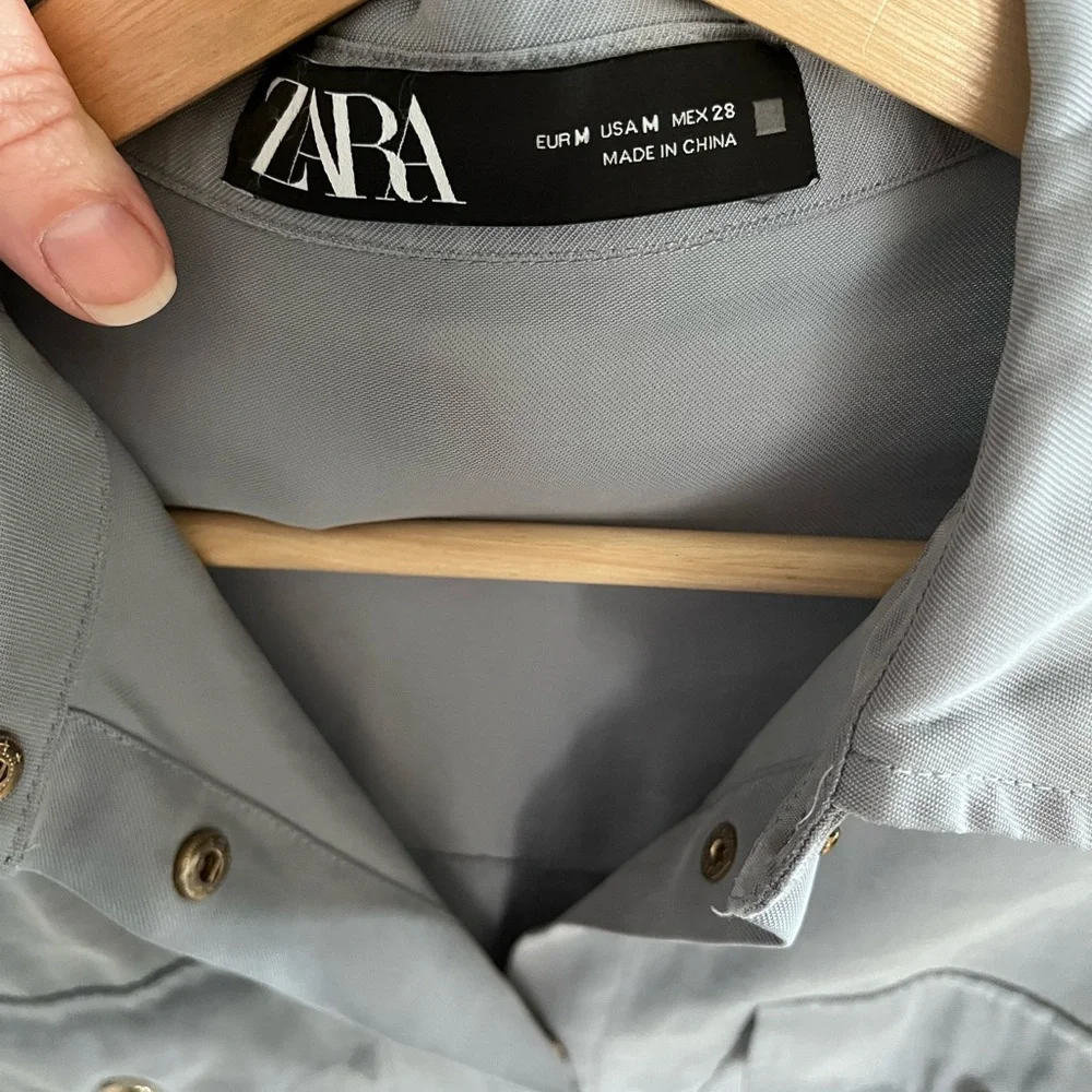 Zara Womens Grey Blue‎ Utility Tunic Shirt Drawstring Waist Snap Front Size M